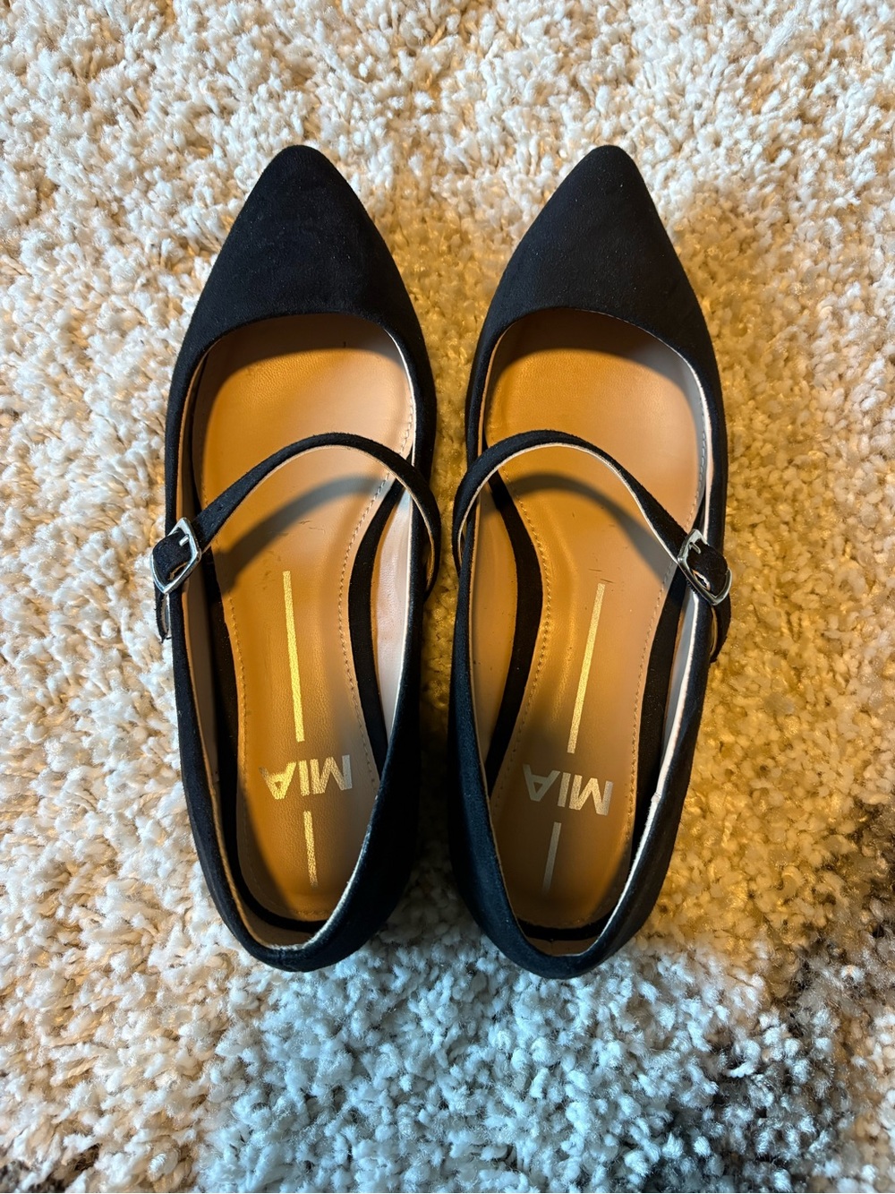 MIA Black Pointed Mary Jane Flats with Buckle Strap, Size 6